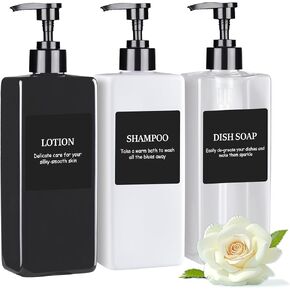 Shampoo and Conditioner Dispenser, Refillable Plastic Pump Bottle Dispenser with Waterproof Labels, Empty Bathroom Soap Dispenser Set, Body Wash Dispenser for Shower (Amber, Set of 3, 500ML)