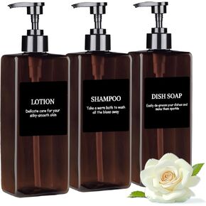Shampoo and Conditioner Dispenser, Refillable Plastic Pump Bottle Dispenser with Waterproof Labels, Empty Bathroom Soap Dispenser Set, Body Wash Dispenser for Shower (Amber, Set of 3, 500ML) in Kuwait