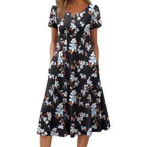 Zeagoo Womens Casual Dress for Summer Short Sleeve Pleated Dress Loose Flowy Beach Dress with Pockets Flare Midi Sundress