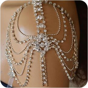 YERTTER Sparkly Silver Layered Tennis Chain Body Chain Tassel Rhinestone Shoulder Chain Body Chain Accessories Jewelry Crystal Bikini Chain for Women Brides Prom Costume(Silver 4)
