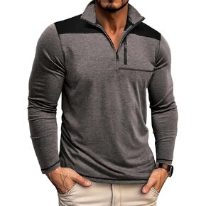EDITCOZY Men's Zipper Polo Shirts with Pocket Casual Long Sleeve Color Block Collared Golf Shirts Top