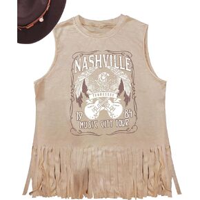 DOLITAEN Nashville Tanks Top Women Country Music Tennessee Retro Fringe Vests Vintage Cowboy Sleeveless Shirts