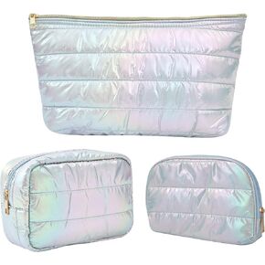 Hiroyuki 3pcs Large Quilted Makeup Bag, Extra Large Iridescent Puffer Cosmetic Bag Large Capacity Puffy Padded Toiletry Bag Travel Essentials Valentines Gift Mother's Day Gift(Pink 3pcs)