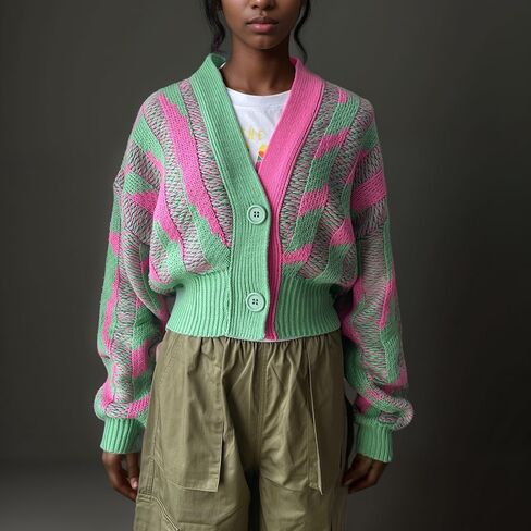 Pink and Green Color Block Cardigan for Women in Saudi Arabia