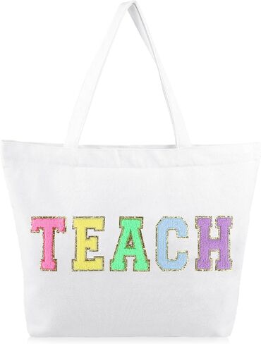 Dripykiaa Teacher Appreciation Gifts Teacher Gifts Tote Bag Canvas Chenille Letter Patches with Zipper Pocket in Saudi Arabia