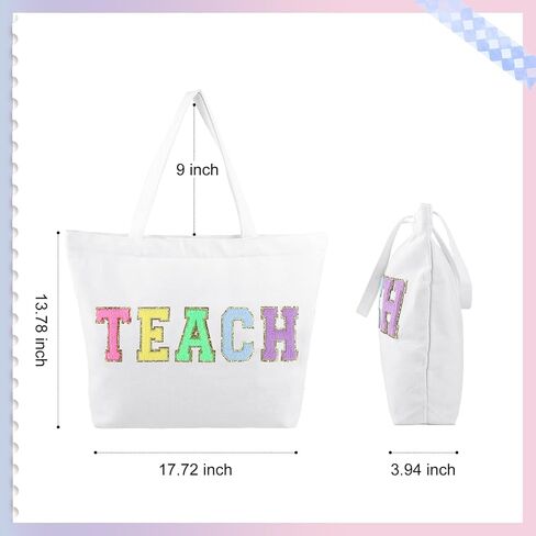 Dripykiaa Teacher Appreciation Gifts Teacher Gifts Tote Bag Canvas Chenille Letter Patches with Zipper Pocket in Saudi Arabia