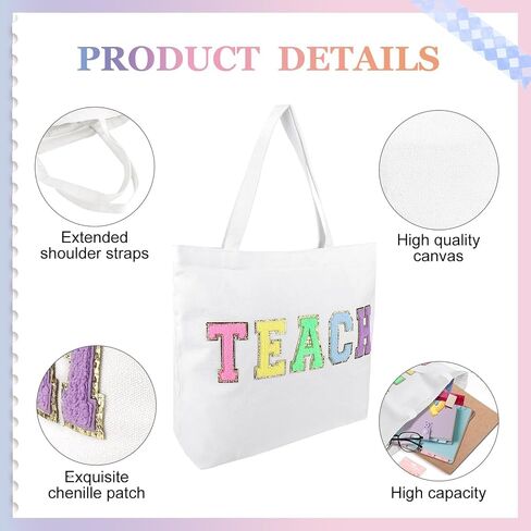Dripykiaa Teacher Appreciation Gifts Teacher Gifts Tote Bag Canvas Chenille Letter Patches with Zipper Pocket in Saudi Arabia
