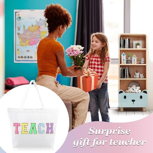 Dripykiaa Teacher Appreciation Gifts Teacher Gifts Tote Bag Canvas Chenille Letter Patches with Zipper Pocket in Saudi Arabia