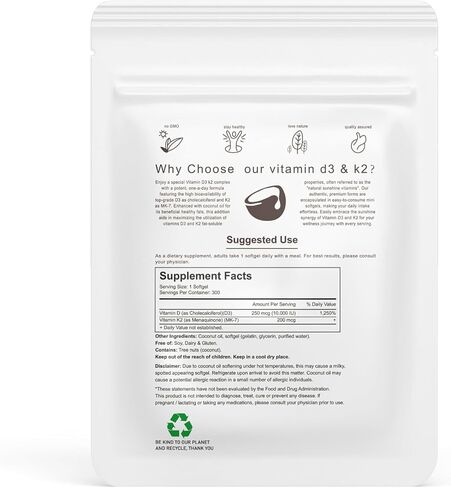 2-in-1 Vitamin D3 K2 Supplement Softgel, Vitamin D3 10000 IU and Vitamin K2 200 mcg, K2 MK7 with D3 Vitamin Supplement Support Immune, Heart, Joint, Teeth & Bone Health in Saudi Arabia