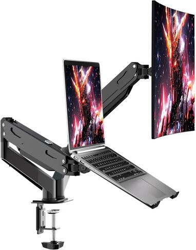 Pholiten Monitor and Laptop Mount for Max 32" Monitor and 17" Laptop, Dual Monitor Mount Holds up to 22lbs,Laptop Tray Stand with Gas Spring Arm,Adjustable Monitor Laptop Mount Stand in Kuwait