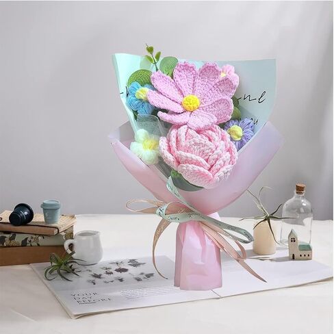 Handmade Crochet Forget-me-not Roses Bouquet, Knitted Artificial Forever Flowers with Exquisite Wrap, Gift to Friends Women, Perfect for Valentine's Day Decoration, Home Decor, Party in Saudi Arabia
