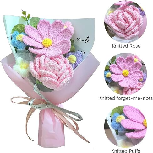 Handmade Crochet Forget-me-not Roses Bouquet, Knitted Artificial Forever Flowers with Exquisite Wrap, Gift to Friends Women, Perfect for Valentine's Day Decoration, Home Decor, Party in Saudi Arabia