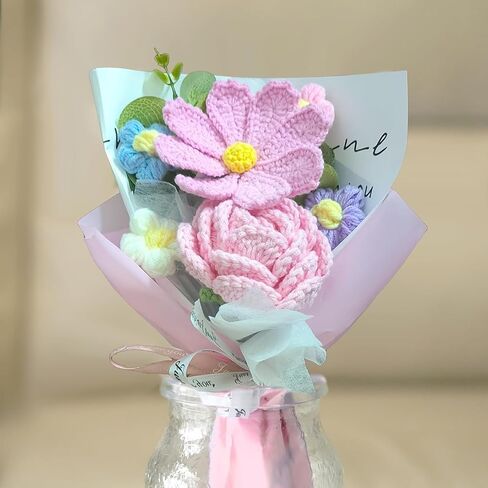 Handmade Crochet Forget-me-not Roses Bouquet, Knitted Artificial Forever Flowers with Exquisite Wrap, Gift to Friends Women, Perfect for Valentine's Day Decoration, Home Decor, Party in Saudi Arabia