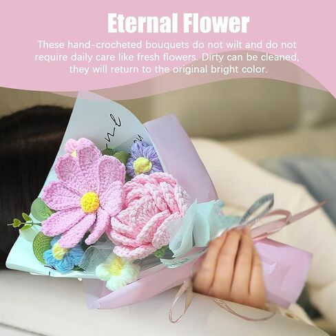 Handmade Crochet Forget-me-not Roses Bouquet, Knitted Artificial Forever Flowers with Exquisite Wrap, Gift to Friends Women, Perfect for Valentine's Day Decoration, Home Decor, Party in Saudi Arabia