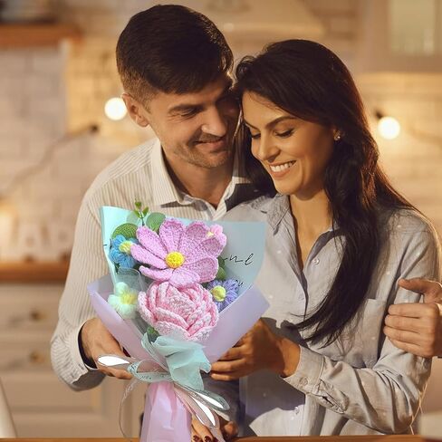 Handmade Crochet Forget-me-not Roses Bouquet, Knitted Artificial Forever Flowers with Exquisite Wrap, Gift to Friends Women, Perfect for Valentine's Day Decoration, Home Decor, Party in Saudi Arabia
