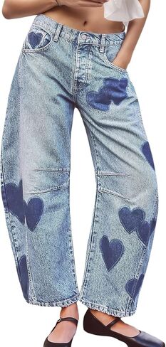 LifeShe Women's Wide Leg Baggy Jeans Low Waist Heart Barrel Loose Jean Valentine's Day Denim Pants in Saudi Arabia