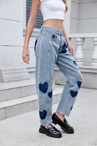 LifeShe Women's Wide Leg Baggy Jeans Low Waist Heart Barrel Loose Jean Valentine's Day Denim Pants in Saudi Arabia