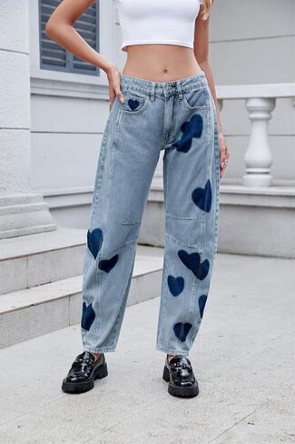 LifeShe Women's Wide Leg Baggy Jeans Low Waist Heart Barrel Loose Jean Valentine's Day Denim Pants in Saudi Arabia
