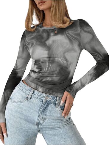Milumia Women's Tie Dye Mesh Tops Long Sleeve Crew Neck Fitted T Shirt in Saudi Arabia