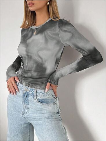 Milumia Women's Tie Dye Mesh Tops Long Sleeve Crew Neck Fitted T Shirt in Saudi Arabia
