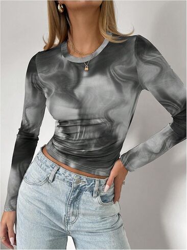 Milumia Women's Tie Dye Mesh Tops Long Sleeve Crew Neck Fitted T Shirt in Saudi Arabia