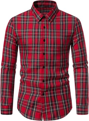 Men's Plaid Shirt Checkered Long Sleeve Collared Button Down Casual Shirts in Saudi Arabia