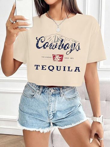 SALULAYER Cowboy Western Crop Shirt for Women Country Music Shirt Vintage Graphic Print Cowgril Rodeo Tee Country Party Tops in Kuwait