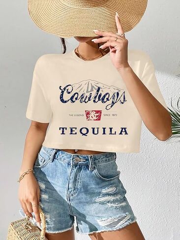 SALULAYER Cowboy Western Crop Shirt for Women Country Music Shirt Vintage Graphic Print Cowgril Rodeo Tee Country Party Tops in Kuwait