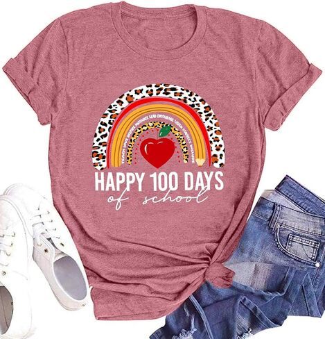 hohololo 100 Days of School Shirt Women Happy 100th Days Tshirt Teacher Rainbow Graphic Tee Kindergarten Teach Tops in Saudi Arabia