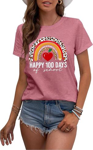 hohololo 100 Days of School Shirt Women Happy 100th Days Tshirt Teacher Rainbow Graphic Tee Kindergarten Teach Tops in Saudi Arabia