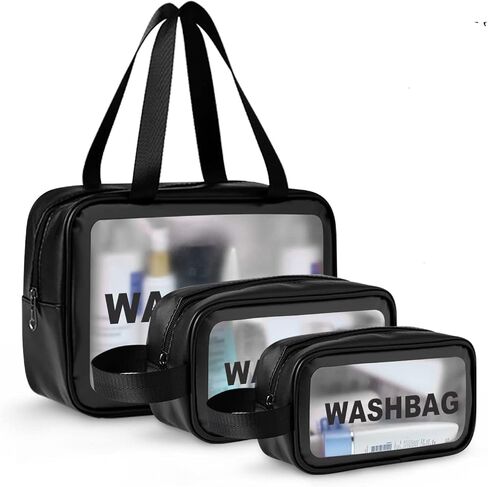 Translucent Frosted Waterproof Women's Travel Wash and Makeup Bag Set three Size Combination Set large Capacity with Handle Leak Proof Sturdy Durable (3PCS Black) in Saudi Arabia
