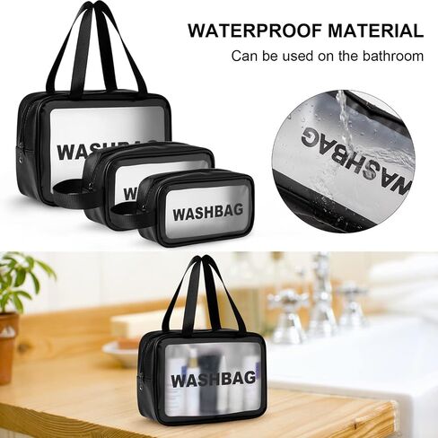 Translucent Frosted Waterproof Women's Travel Wash and Makeup Bag Set three Size Combination Set large Capacity with Handle Leak Proof Sturdy Durable (3PCS Black) in Saudi Arabia