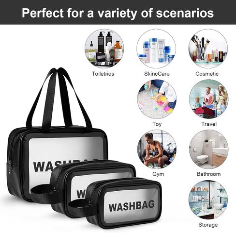 Translucent Frosted Waterproof Women's Travel Wash and Makeup Bag Set three Size Combination Set large Capacity with Handle Leak Proof Sturdy Durable (3PCS Black) in Saudi Arabia
