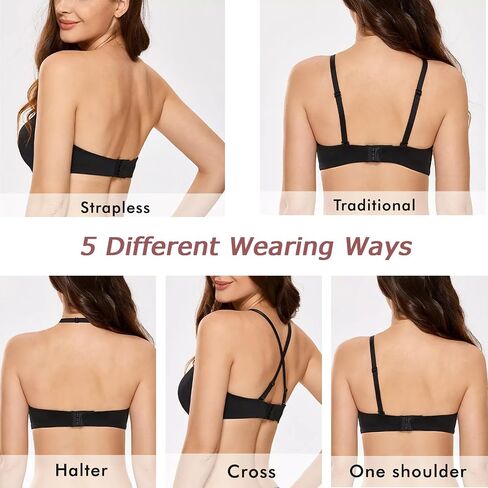 Women's Push Up Strapless Bra, Non Slip Back Smoothing Underwire Lightly Lined Convertible Bandeau Bra in Kuwait
