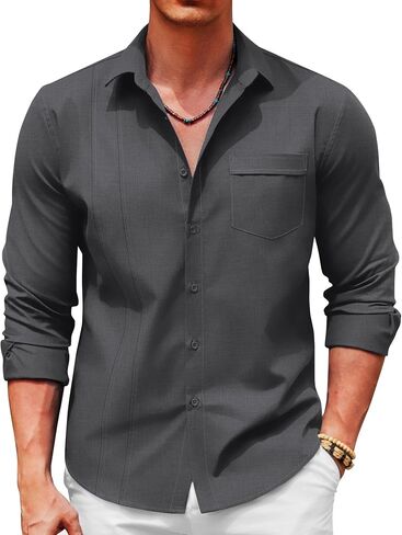 قمصان كتان للرجال من COOFANDY، قمصان Guayabera الكوبية، قمصان طويلة الأكمام، قمصان زفاف الشاطئ in Saudi Arabia