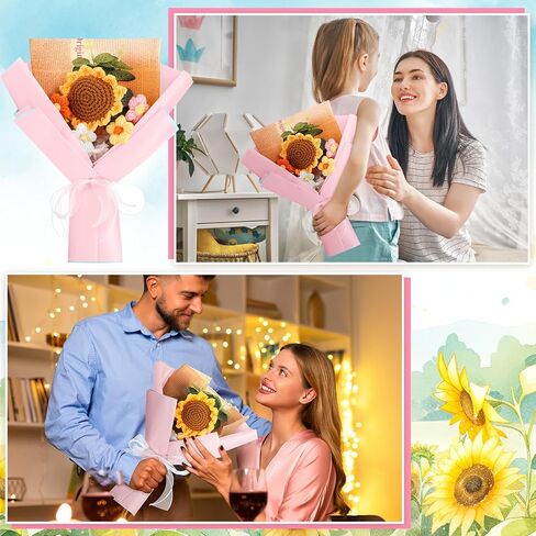 باقة زهور كروشيه لعيد الحب مصنوعة يدويًا، باقة عباد الشمس المحبوكة، زهور اصطناعية محبوكة مع غلاف رائع لذكرى الزفاف وعيد الميلاد وديكور المنزل (وردي) in Kuwait