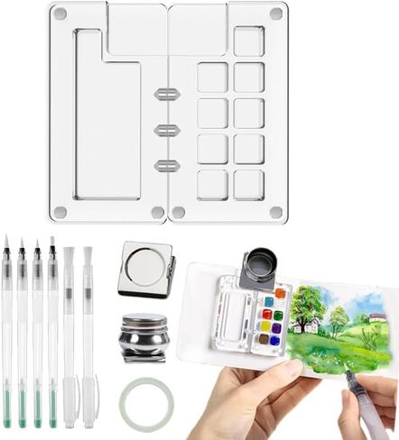 Portable Paint Kit Mini Magnetic Acrylic Box 15-Well Empty Watercolor Palette,Tiny Travel Paint Case with Clip and Oil Pot,Small Watercolor Paper Sketchbook Artist Paint Brushes in Saudi Arabia