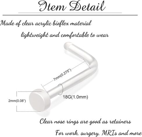 30pcs Clear Nose Studs Retainers L Shaped 18G/20G Flat Top Plastic Bioflex Flexible Nose Piercing Invisible Acrylic for School Work in Saudi Arabia