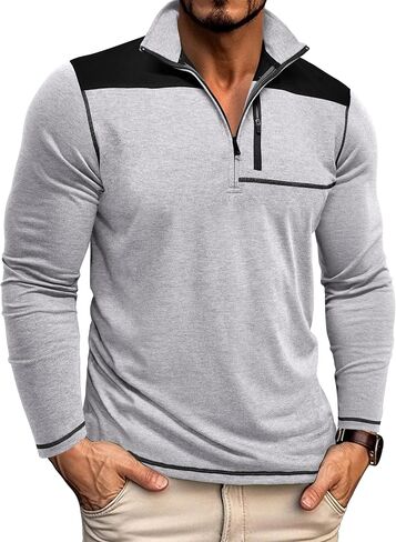 EDITCOZY Men's Zipper Polo Shirts with Pocket Casual Long Sleeve Color Block Collared Golf Shirts Top in Kuwait