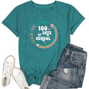 100th Day of School Shirt for Women Teacher Graphic T-Shirt Funny Teach Short Sleeve Tee Tops