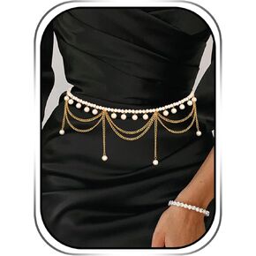 Urieo Boho Pearl Waist Chain Belt Gold Layered Waist Chains Tassel Pearls Chain Belt Evening Party Prom Adjustable Body Jewelry Accessories for Women