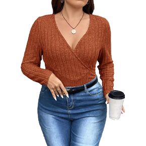 WDIRARA Women's Plus Size V Surplice Neck Long Sleeve Ribbed Knit Slim Fit Basic Solid T Shirts