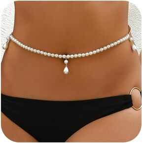 Pearl Belly Chain Waist Body Chain for Women Dainty Gold Waist Chains Pearl Pendant Belly Chains Belt Sexy Beach Bikini Body Jewelry Accessories for Women