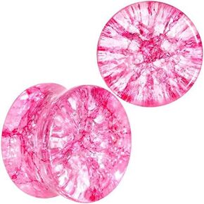 Pair 7/8" (22MM) PINK SHATTERED GLASS PLUGS Double Flare Gauges Cracked Organic Tunnels (2pcs)