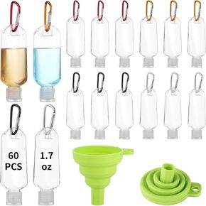 60 PCS Keychain Empty Hand Sanitizer Bottles - 1.7 oz Portable Keychain Travel Bottles, Empty Squeeze Plastic Bottle with Flip Cap, Refillable Containers with 2 Foldable Funnels for Shower Gel Lotion