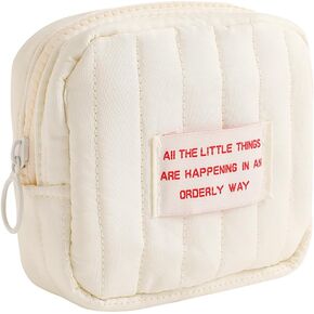 Small Makeup Bag Quilted Travel Cosmetic Organizer Bag White Square Pouch with Zipper Cute Preppy Portable Toiletry Bag for Purse Aesthetic Mini Storage Bag for Women Mama Gift