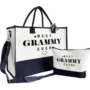 SUSZDOU Gift for Best Grammy Ever, Canvas Beach Bag, Canvas Tote Bag for Women, Grammy Bag Gift, Grammy Birthday Gift, Mother's Day Gift, Canvas Outing Bags for Grammy, Present Bag with Make Up Bag