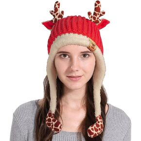 Cover Ears Fleece Lined Knit Crochet Hat for Adult, with Reindeer Antler Winter Warm Christmas Ski Snow Funny Hat