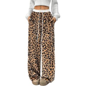 OYOANGLE Women's Leopard Print Wide Leg Pants Elastic Drawstring Waist Sweatpants Y2K Cheetah Long Trousers