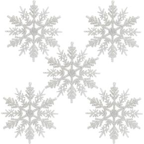 Naler Plastic Snowflake Ornaments, 24pcs White Snowflake Ornaments Glitter Snowflake Ornaments with Hanging String for Christmas Tree Window Ceiling Home Decoration, 4"